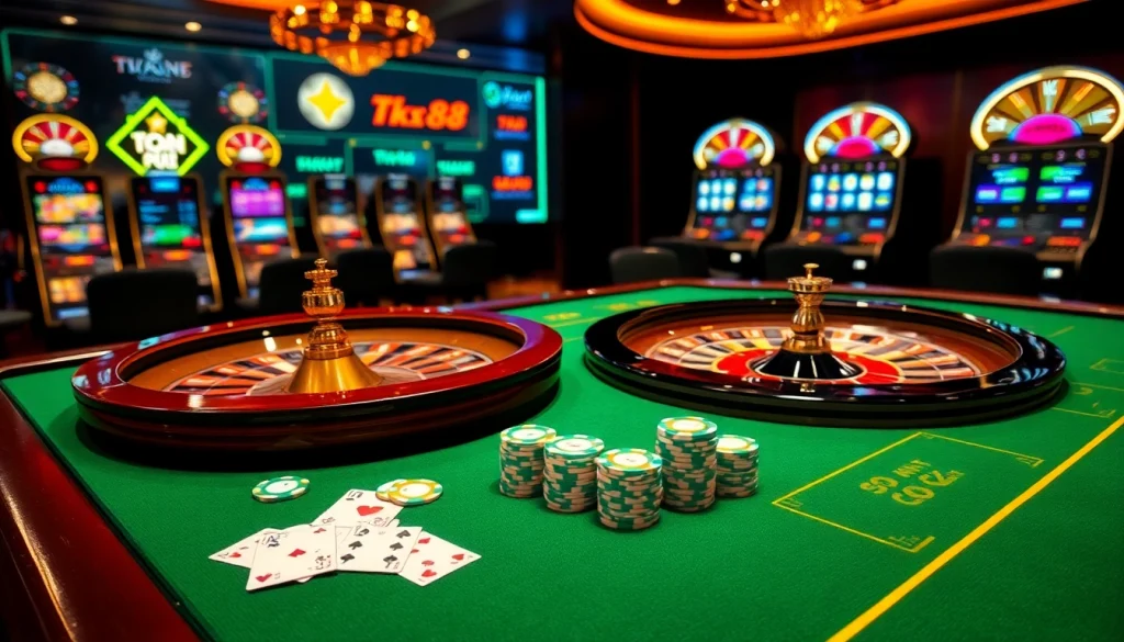 Engaging online gambling experience at Nhà cái TK88 with vibrant poker chips and cards.