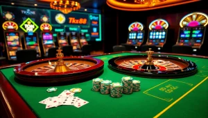 Engaging online gambling experience at Nhà cái TK88 with vibrant poker chips and cards.