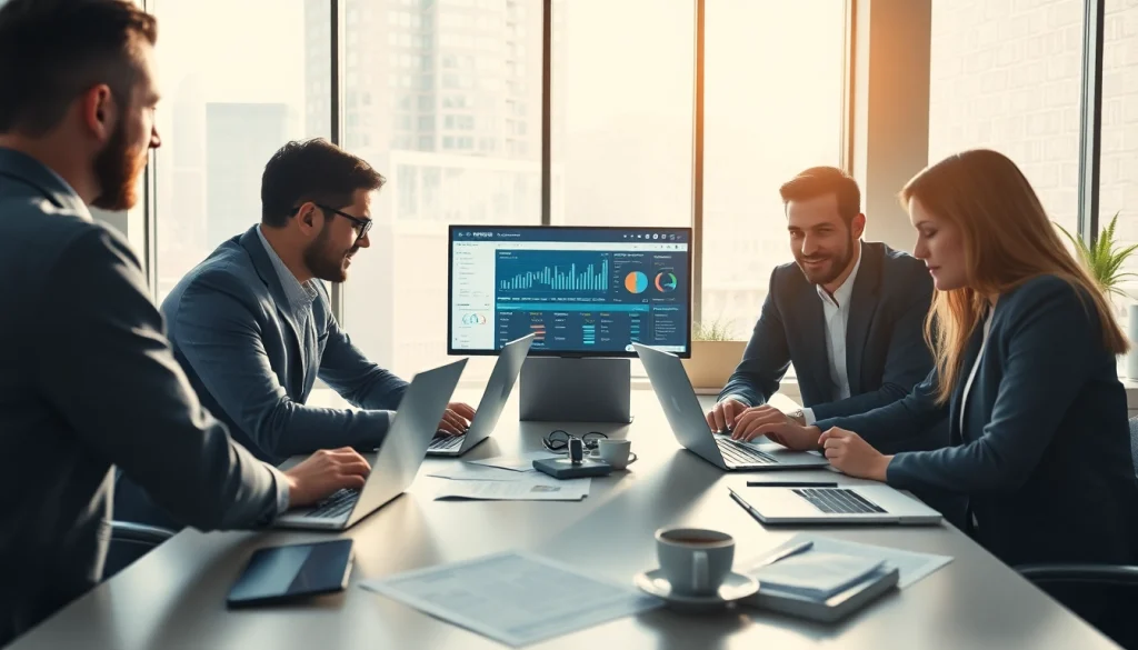 Team collaborating on the 1cplatform with digital screens and analytics in an office.