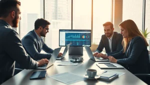 Team collaborating on the 1cplatform with digital screens and analytics in an office.