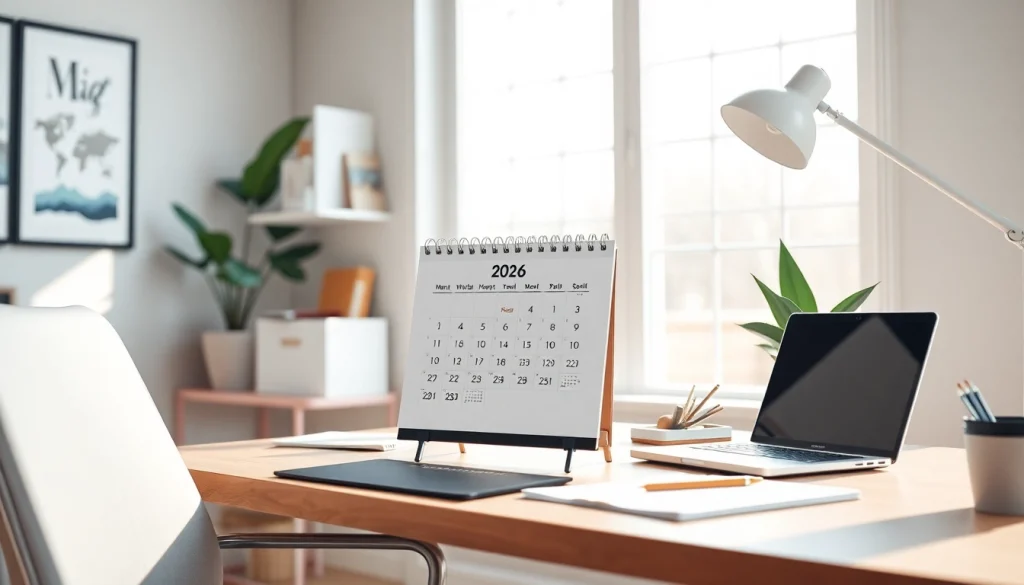 Elegant 2026 calendar displayed on a modern desk, showcasing a serene home office ambiance.