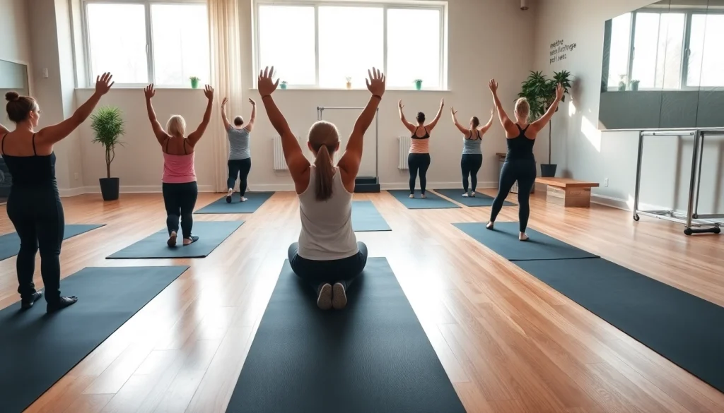 推奨クラスと多様な参加者が実践している、魅力的なピラティススタジオの雰囲気を表現。