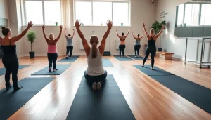推奨クラスと多様な参加者が実践している、魅力的なピラティススタジオの雰囲気を表現。