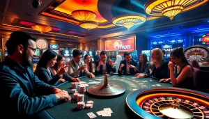Plus777 players enjoying an exciting poker game at a luxurious casino table with vibrant slot machines.