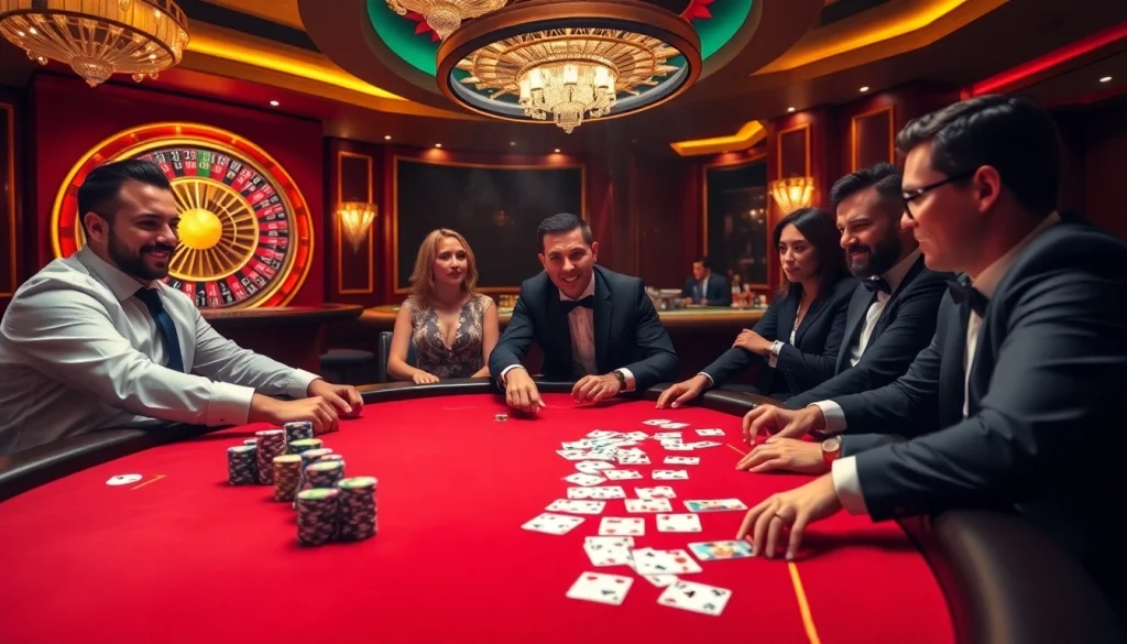 Players enjoy high-stakes poker at 8xbet, showcasing chips, cards, and excitement in a luxurious casino.