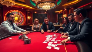 Players enjoy high-stakes poker at 8xbet, showcasing chips, cards, and excitement in a luxurious casino.