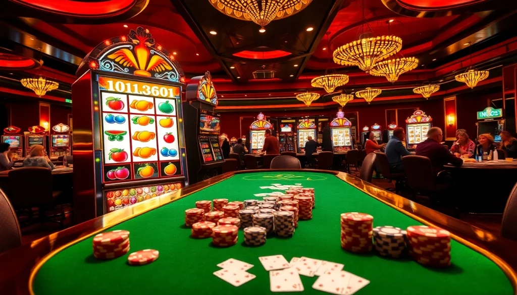 Players engaging with an idnslot machine in a luxurious casino atmosphere.
