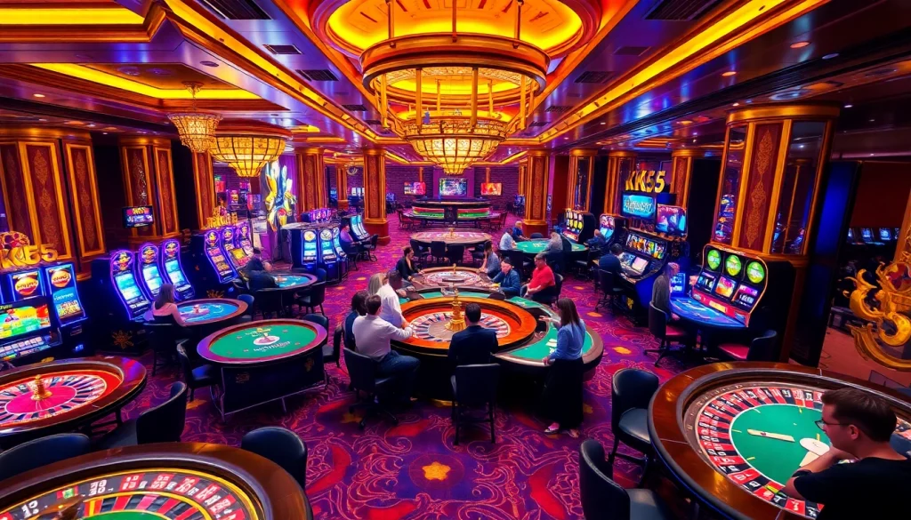 Exciting gambling atmosphere featuring nhà cái KK55 with casino tables and vibrant players.