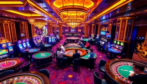 Exciting gambling atmosphere featuring nhà cái KK55 with casino tables and vibrant players.