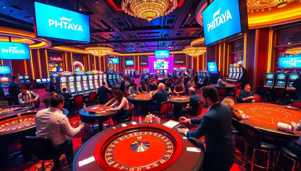 PHTAYA players enjoying a thrilling moment at the casino tables with vibrant gaming atmosphere.