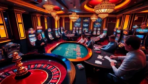 Experience the thrill of gambling at LV88 with stylish poker tables and vibrant slot machines.