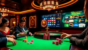Excited gamblers at a luxurious casino table featuring tập đoàn kjc's gaming offerings.