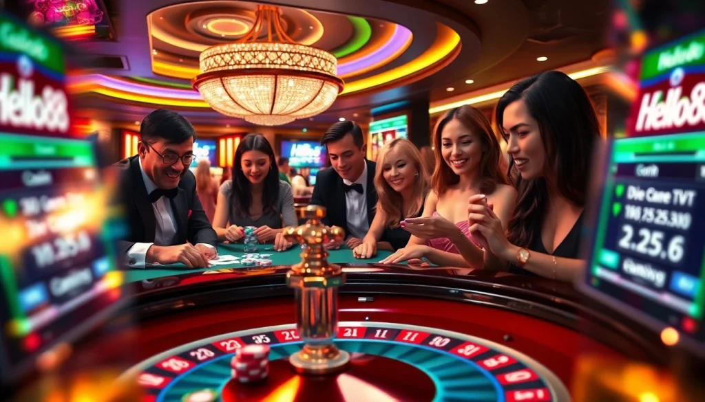 hello88 players enjoying exciting games at a vibrant casino table, capturing the thrill of gambling.