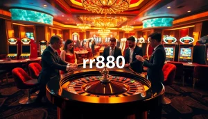 Experience the excitement of rr888 at a luxurious casino with roulette and vibrant slot machines.