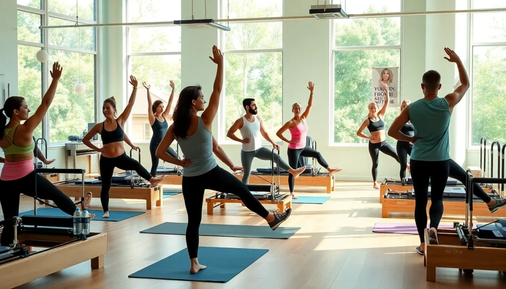 明るいスタジオでのピラティスのクラス。多様な参加者向けの ピラティス おすすめ テクニック を紹介。