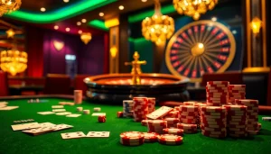 Experience the thrill of gaming at https://123b.ing/ with vibrant poker chips and a spinning roulette wheel.