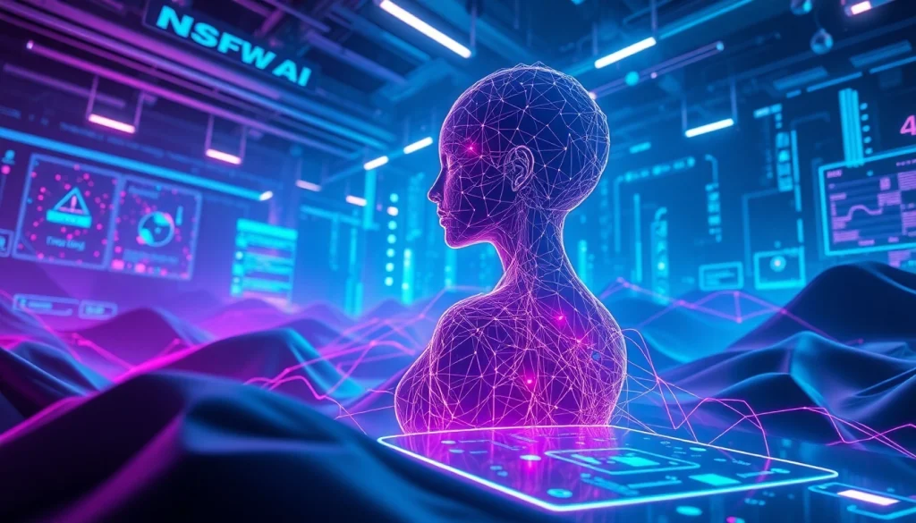Futuristic digital art showcasing NSFW AI concepts with neural networks and holographic displays.