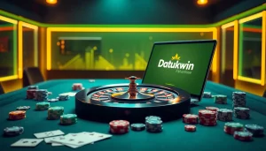 Rasakan sensasi Datukwin saat para pemain berinteraksi dengan meja kasino yang berwarna-warni dan chip kasino.