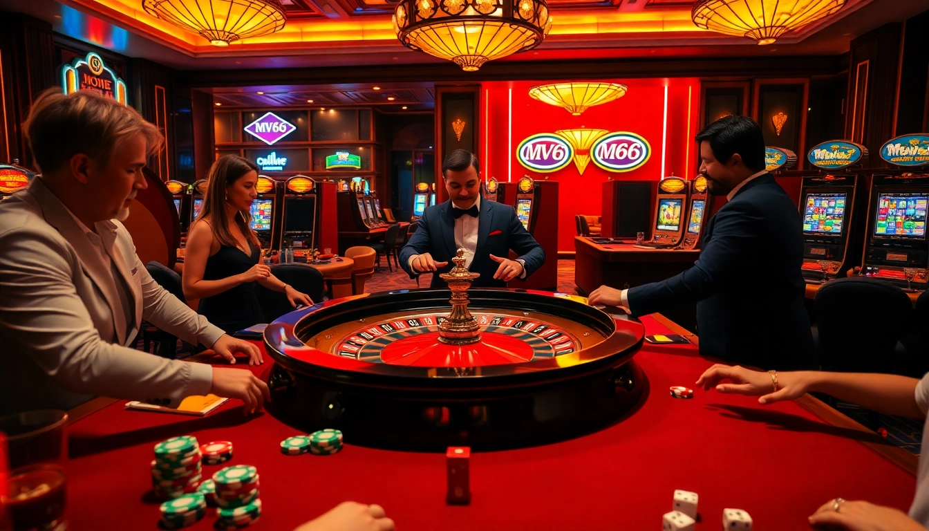 Excited players engaging at a luxurious MV66 casino roulette table.