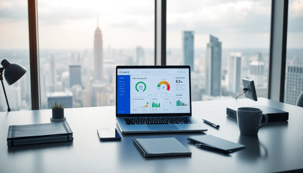 QuickQ 的高级测速界面在专业工作场景的现代笔记本电脑上显示