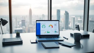 QuickQ 的高级测速界面在专业工作场景的现代笔记本电脑上显示