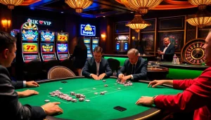 Experience the thrill of gambling at rik vip with engaged players at a luxurious poker table.