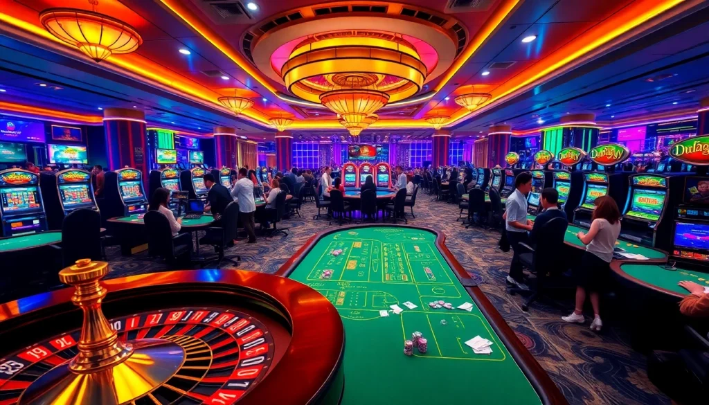 Exciting casino scene with players engaging at nhà cái x88 tables under colorful lights.