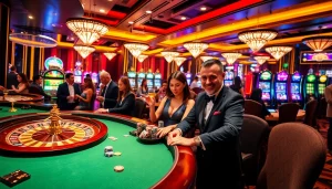 Gambling enthusiasts celebrate their wins at s88-themed casino tables, surrounded by excitement and luxury.