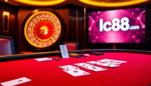 Engaging scene at a blackjack table showcasing lc88 .com with vibrant chips and cards.