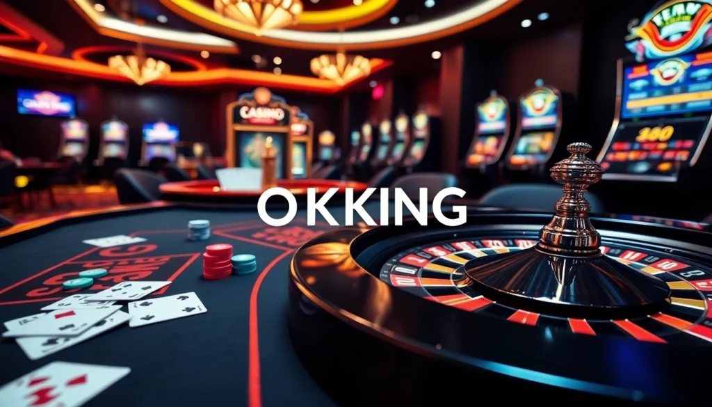 Experience the thrill of OKKING as players engage with luxury casino tables and vibrant slot machines.