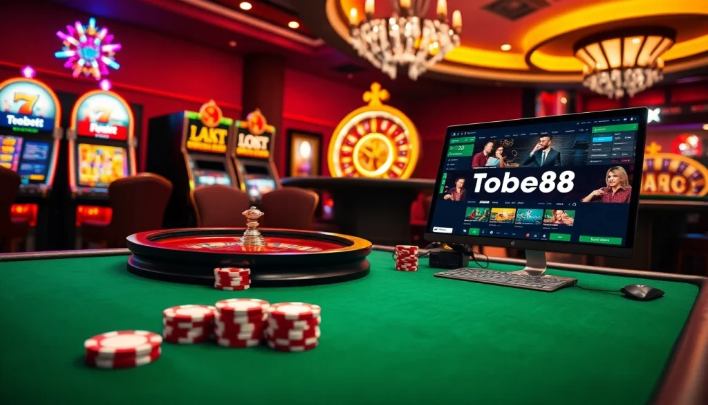 Tobet88 gaming scene with a poker table, roulette wheel, and vibrant slot machines.