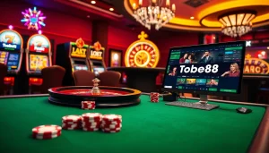 Tobet88 gaming scene with a poker table, roulette wheel, and vibrant slot machines.