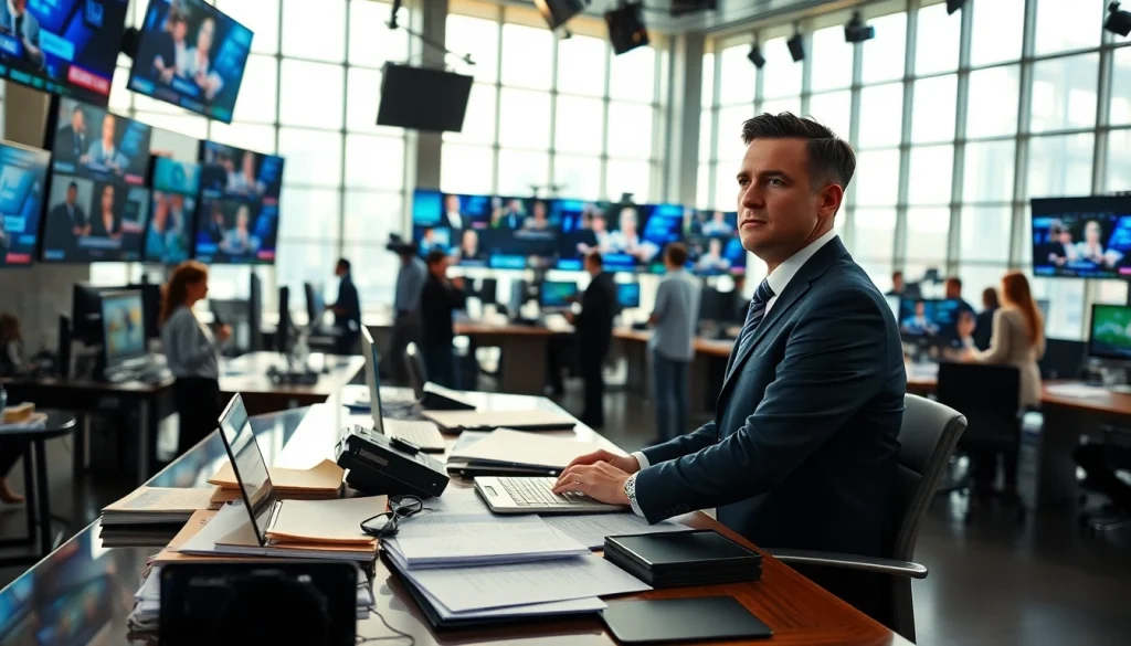 Usa Today journalist working in a bright, bustling newsroom full of news screens.