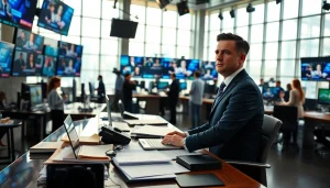 Usa Today journalist working in a bright, bustling newsroom full of news screens.