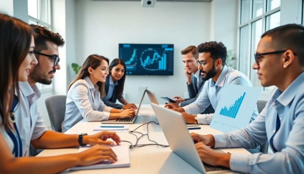 Engaged team discussing Smart Marketing strategies in a modern office setting.
