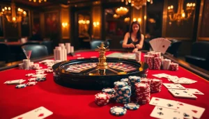 Join the excitement at 5z7776 com with a vibrant casino scene showcasing roulette and poker chips.