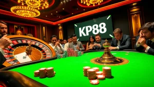 Engaged gamblers strategizing at KP88 poker table with vibrant chips and cards.