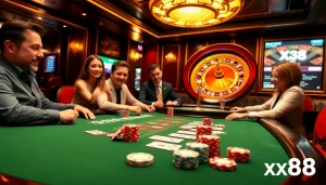 Engaging poker players strategizing with xx88 chips at a luxurious casino.