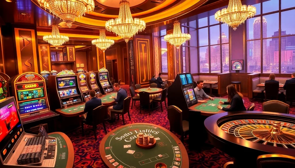 SODO-themed casino revelers enjoying exciting table games and vibrant slot machines.