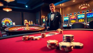 Experience excitement at 8kbet with luxurious casino tables and vibrant slot machines.