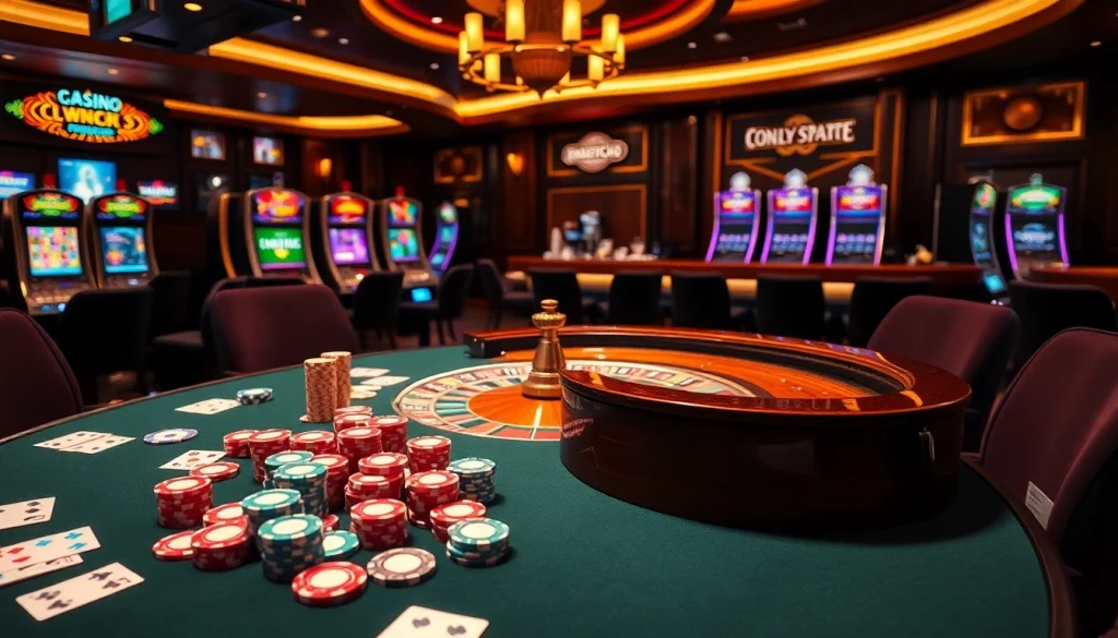 This vibrant casino scene captures elements of the exciting world of gambling at https://dn88.bio/ with a poker table and roulette wheel.