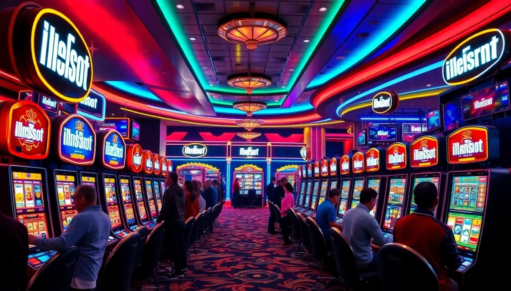 Exciting gaming scene with idnslot branding and players enjoying slot machines.