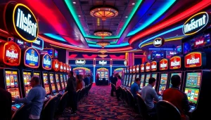 Exciting gaming scene with idnslot branding and players enjoying slot machines.