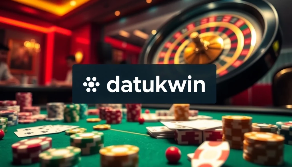 Pengaturan perjudian yang menarik dengan tema Datukwin, menampilkan chip poker dan roda roulette.