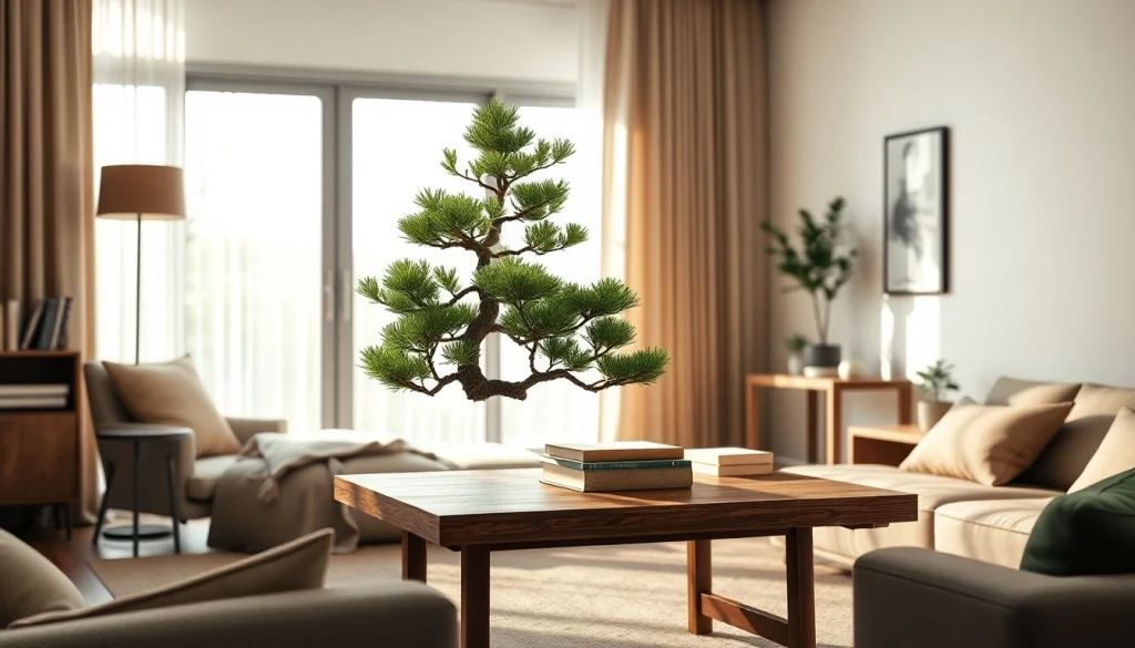 A stunning pine bonsai tree prominently displayed in a modern living space, reflecting the essence of BOTOL169.