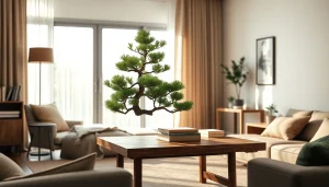A stunning pine bonsai tree prominently displayed in a modern living space, reflecting the essence of BOTOL169.