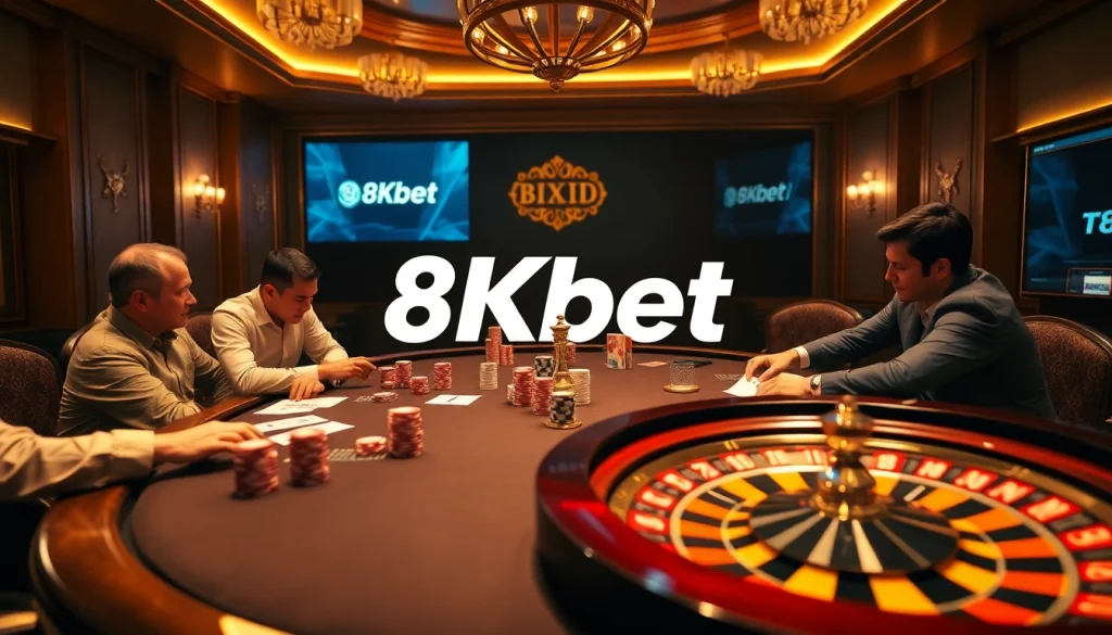 Experience the excitement of 8kbet with vibrant poker chips and cards at a luxurious casino table.