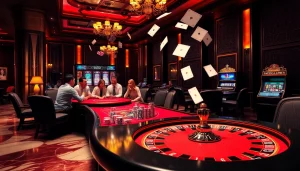 Experience thrilling gambling action at BJ388 with vibrant casino tables, cards, and roulette wheel.