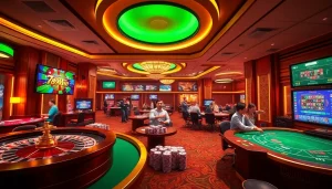 Engaging casino scene at trang chủ 789Win with players at poker tables and vibrant roulette.