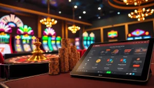 Experience the excitement of gaming at https://33wins.it.com featuring a vibrant casino scene with roulette and poker elements.